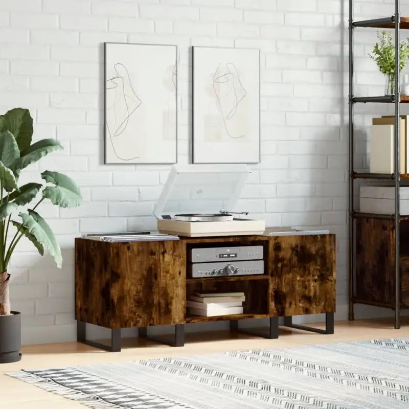 Vinylplatenkast met stevige blad en ijzeren poten van bewerkt hout - Gerookt eiken / 1 - Cd- & dvd-kasten
