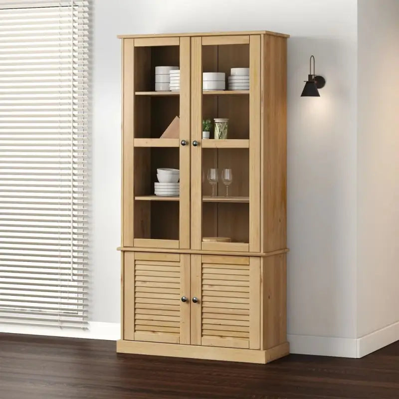 Vitrinekast van massief grenenhout met glazen deuren en metalen knoppen - Bruin / 1 - Boekenkasten