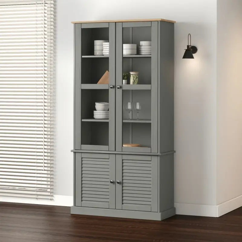 Vitrinekast van massief grenenhout met glazen deuren en metalen knoppen - Grijs / 1 - Boekenkasten