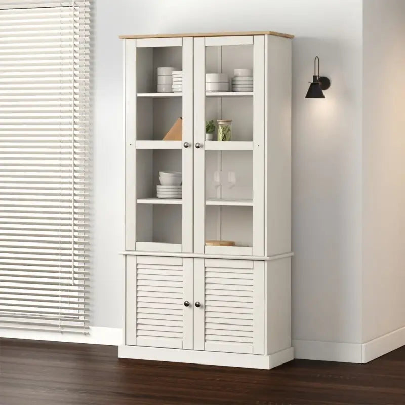 Vitrinekast van massief grenenhout met glazen deuren en metalen knoppen - Wit / 1 - Boekenkasten