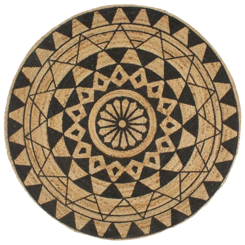 Vloerkleed met driehoek print van gevlochten jute voor een natuurlijke look - 120 cm / Zwart bloempatroon - Vloerkleden