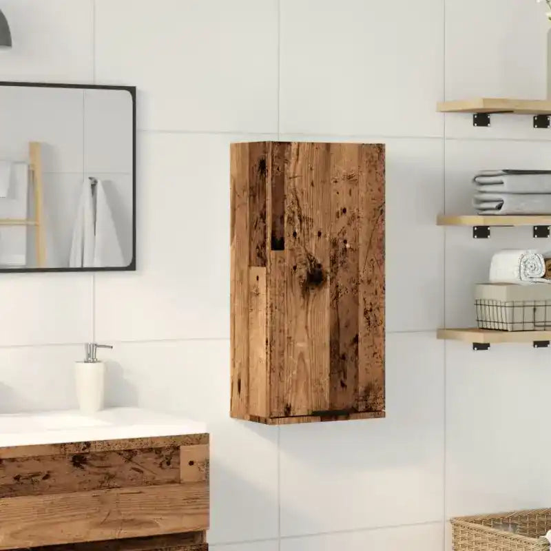 Wall-mounted rustic wooden cabinet with distressed reclaimed wood finish.