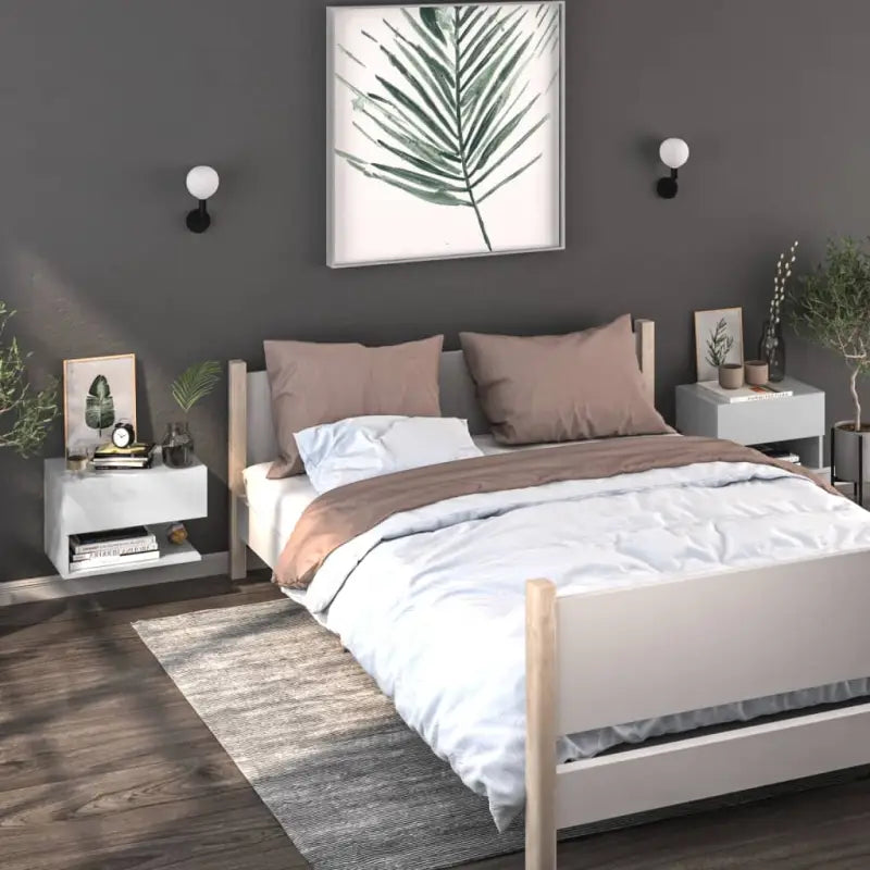 Wand Nachtkastje van bewerkt hout voor ruimtebesparend slapen - Hoogglans wit / 2 - Nachtkastjes