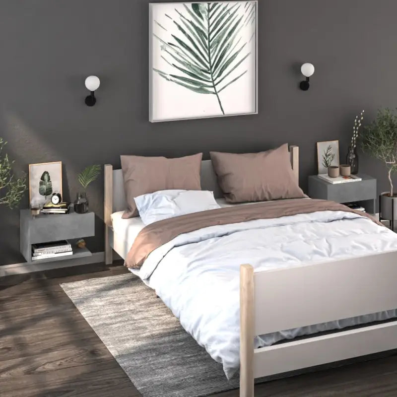 Wand Nachtkastje van bewerkt hout voor ruimtebesparend slapen - Betongrijs / 2 - Nachtkastjes