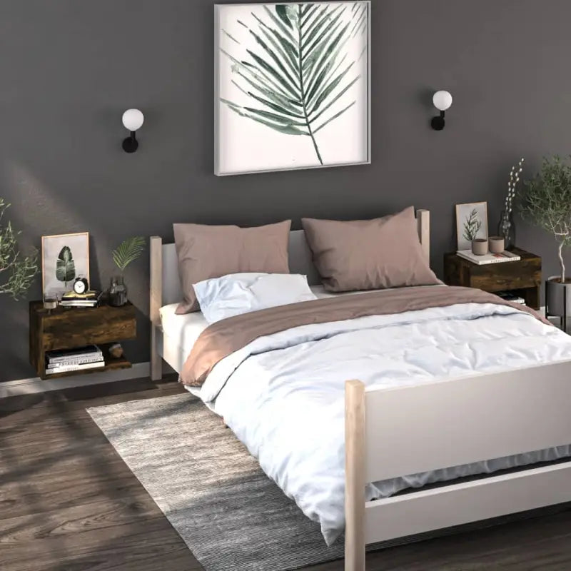 Wand Nachtkastje van bewerkt hout voor ruimtebesparend slapen - Gerookt eiken / 2 - Nachtkastjes
