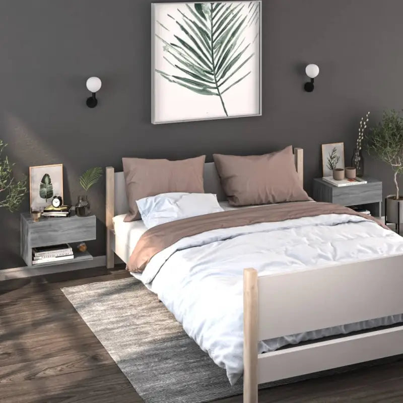 Wand Nachtkastje van bewerkt hout voor ruimtebesparend slapen - Grijs sonoma / 2 - Nachtkastjes