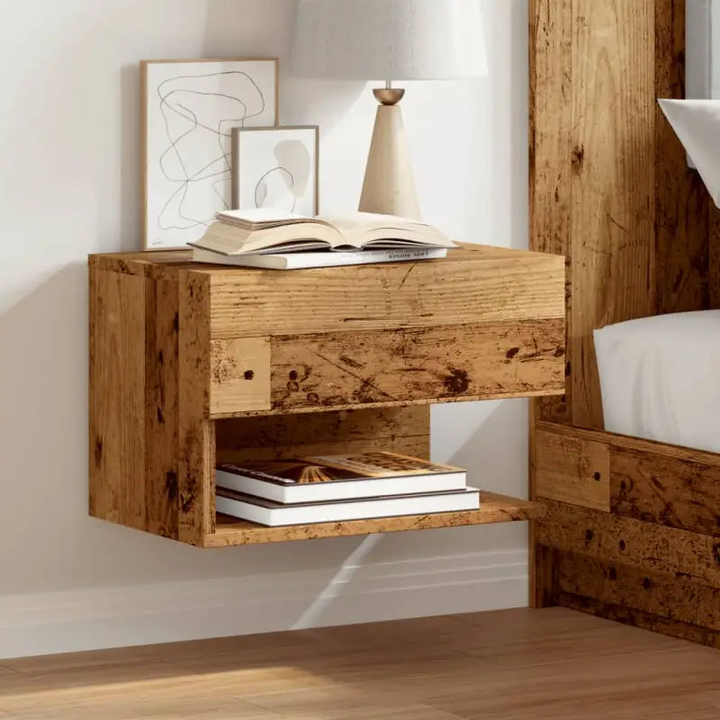 Wand Nachtkastje van bewerkt hout voor ruimtebesparend slapen - Oud hout / 1 - Nachtkastjes