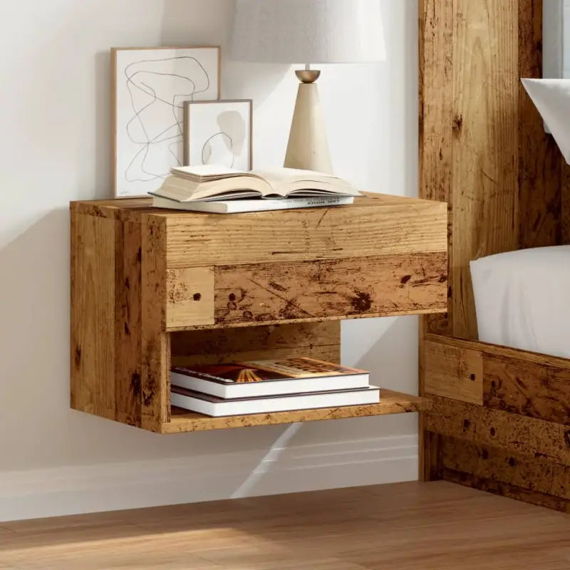 Wand Nachtkastje van bewerkt hout voor ruimtebesparend slapen - Oud hout / 2 - Nachtkastjes