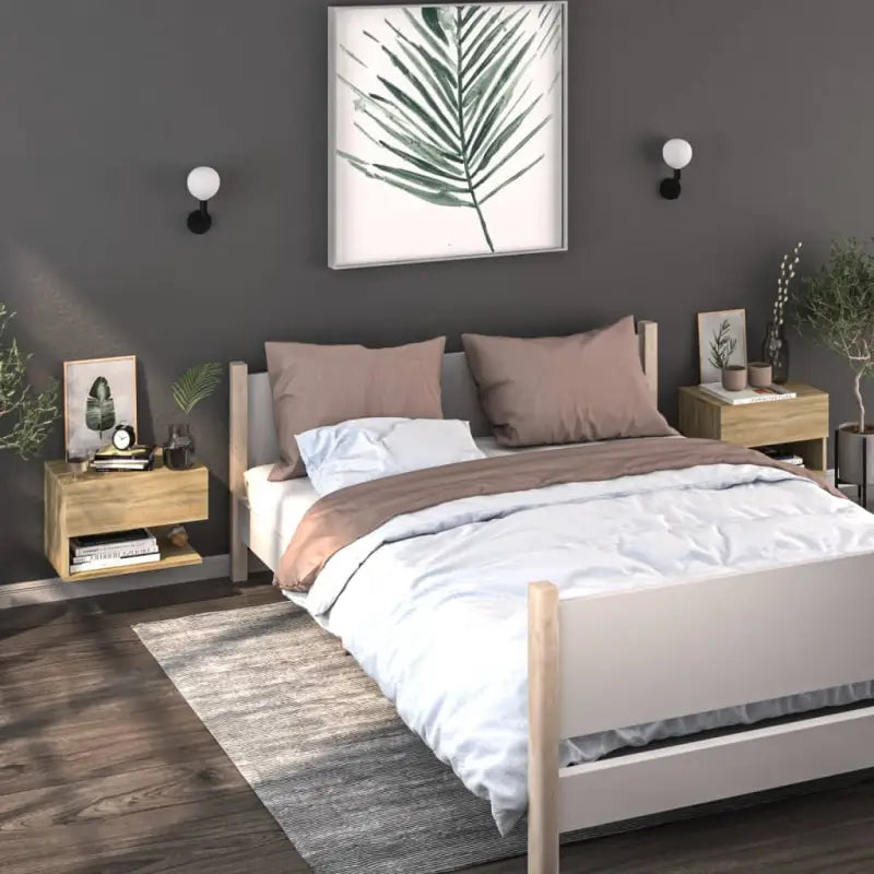 Wand Nachtkastje van bewerkt hout voor ruimtebesparend slapen - Sonoma eiken / 2 - Nachtkastjes