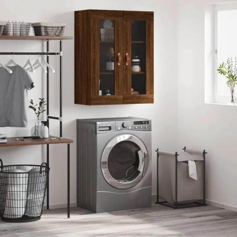 Wandgemonteerde dressoir van bewerkt hout in hoogglans wit - bruin eikenkleur / 1 - Dressoirs & buffetkasten