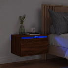 Wandgemonteerde nachtkastje in bewerkt hout met LED-verlichting - bruin eikenkleur / 1 - Nachtkastjes