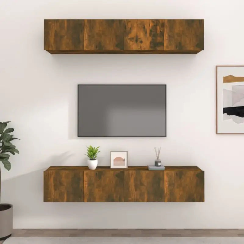 Wandgemonteerde Tv-meubels van bewerkt hout met strak ontwerp - Gerookt eiken / 4 / 80 cm - Tv-meubels