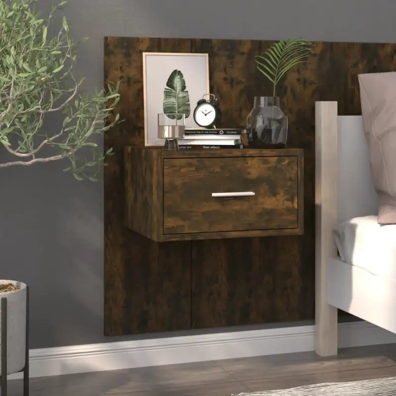 Wandnachtkastje van bewerkt hout voor slimme opbergruimte - Gerookt eiken / 1 - Nachtkastjes