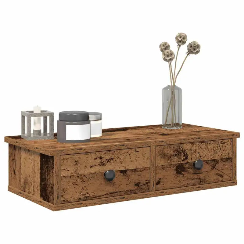 Wandplank met lades van bewerkt hout voor decoratie en praktische opbergruimte - Oud hout / 60 x 25 x 15 cm / 1