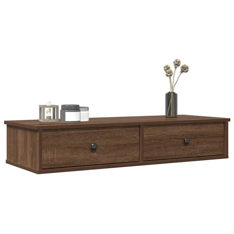 Wandplank met lades van bewerkt hout voor decoratie en praktische opbergruimte - bruin eikenkleur / 100 x 34 x 19 cm
