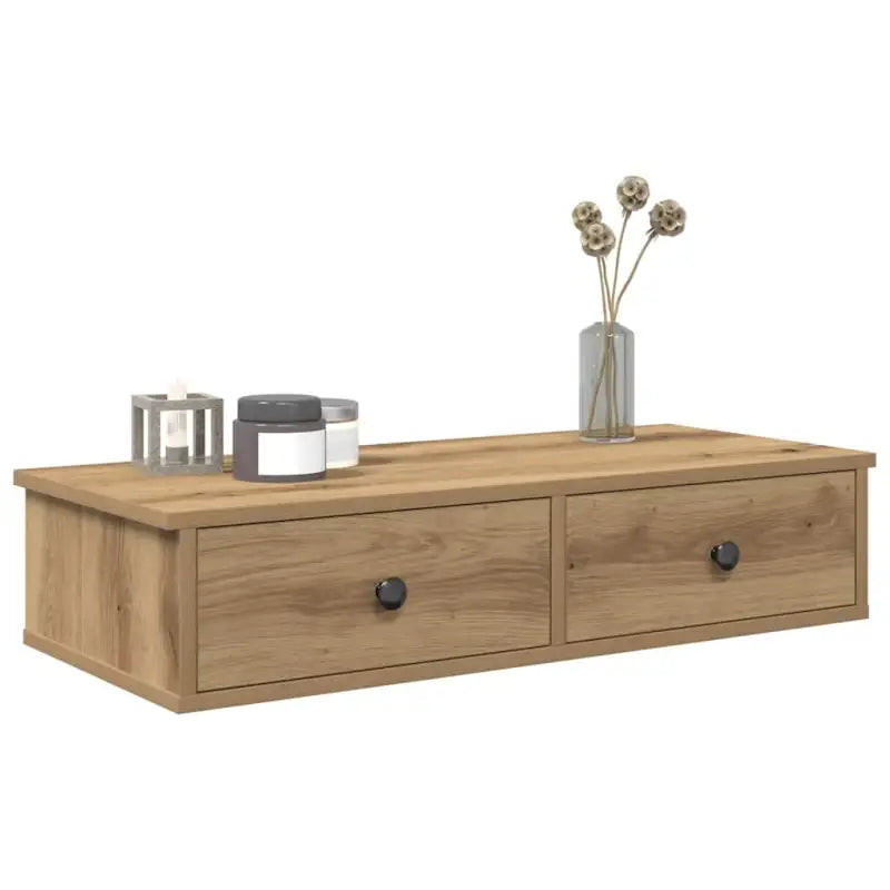 Wandplank met lades van bewerkt hout voor decoratie en praktische opbergruimte - artisanaal eikenkleurig / 80 x 31 x 17