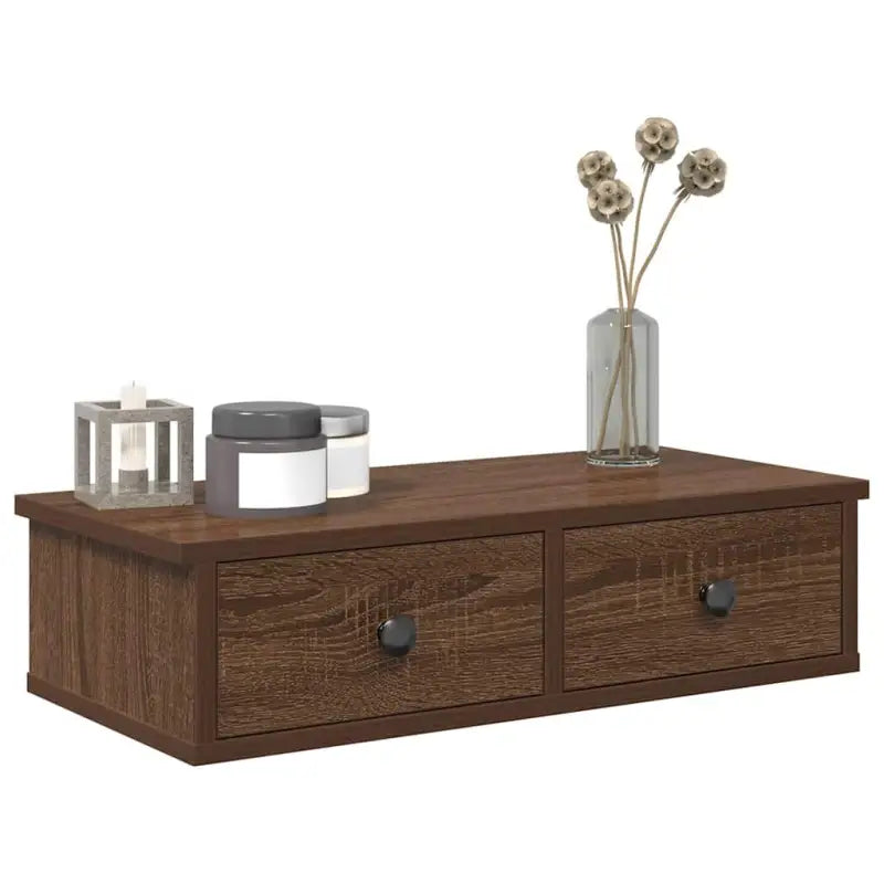 Wandplank met lades van bewerkt hout voor decoratie en praktische opbergruimte - bruin eikenkleur / 60 x 25 x 15 cm / 1