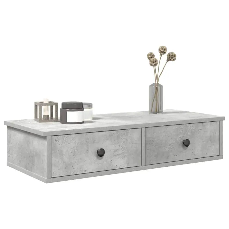 Wandplank met lades van bewerkt hout voor decoratie en praktische opbergruimte - Betongrijs / 80 x 31 x 17 cm / 1