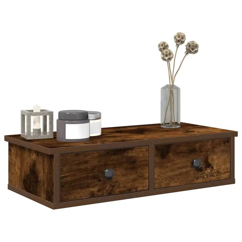 Wandplank met lades van bewerkt hout voor decoratie en praktische opbergruimte - Gerookt eiken / 60 x 25 x 15 cm / 1