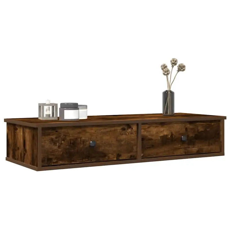 Wandplank met lades van bewerkt hout voor decoratie en praktische opbergruimte - Gerookt eiken / 100 x 34 x 19 cm / 1