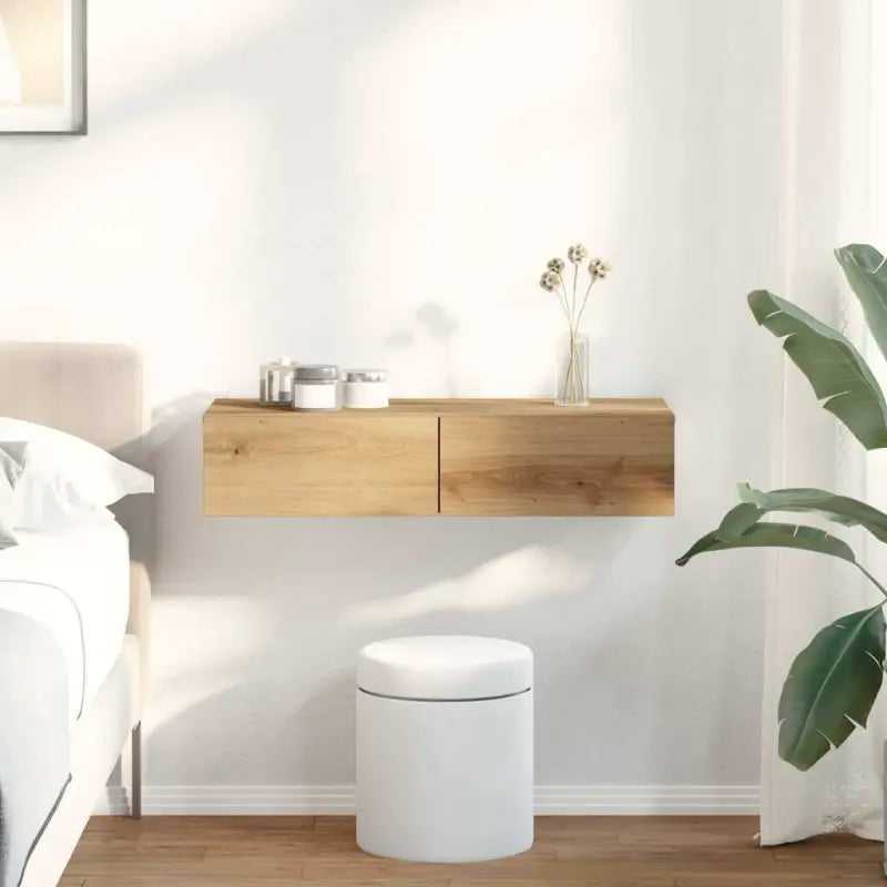 Wandplank met lades van bewerkt hout voor een praktische inrichting - artisanaal eikenkleurig / 80 x 33 x 17 cm / 1