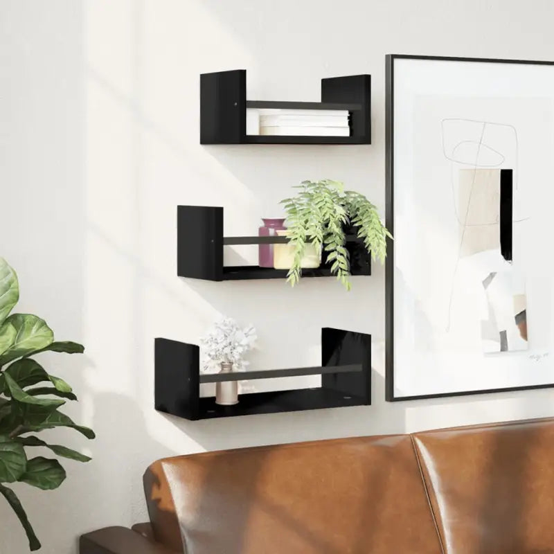 Wandplanken set van bewerkt hout voor stijlvolle en praktische muurdecoratie - Zwart / 1 - Wandplanken