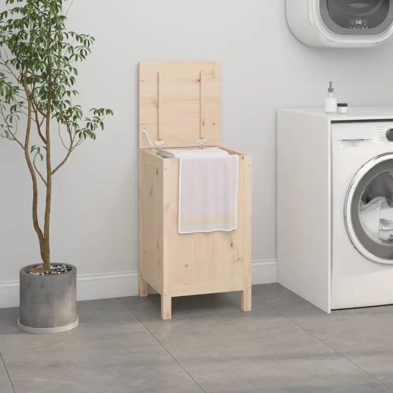 Wasmand van massief grenenhout met houten poten en hydraulische gaslift - Naturel / 44 x 44 x 76 cm / 1 - Wasmanden