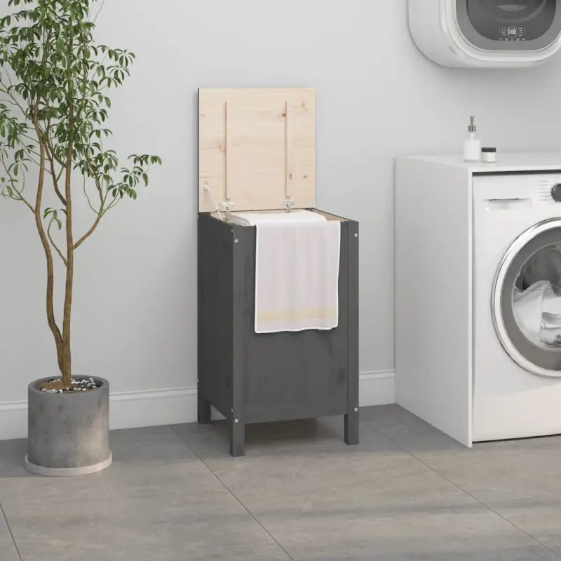 Wasmand van massief grenenhout met houten poten en hydraulische gaslift - Grijs / 44 x 44 x 76 cm / 1 - Wasmanden