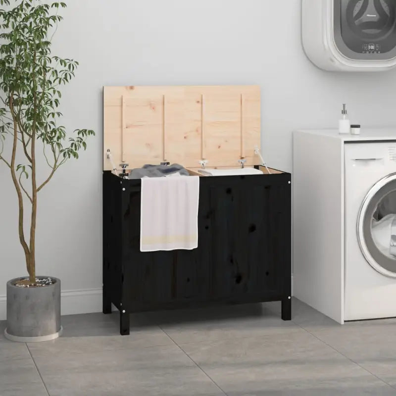 Wasmand van massief grenenhout met houten poten en hydraulische gaslift - Zwart / 88.5 x 44 x 76 cm / 1 - Wasmanden