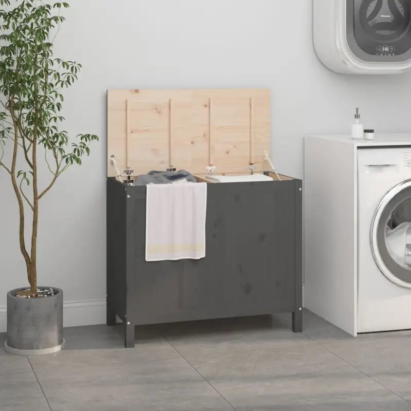 Wasmand van massief grenenhout met houten poten en hydraulische gaslift - Grijs / 88.5 x 44 x 76 cm / 1 - Wasmanden