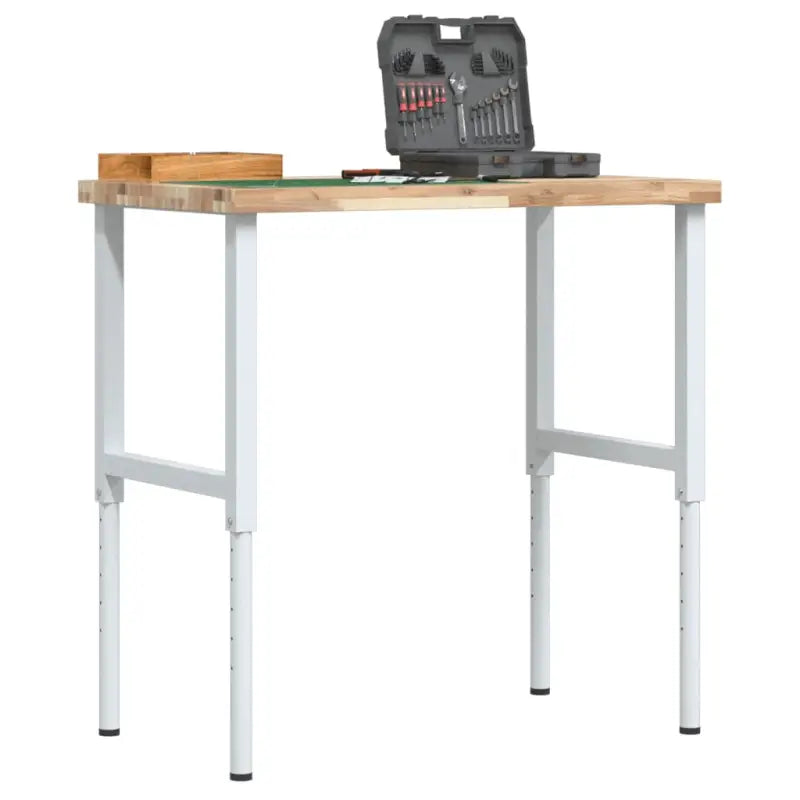 Werkbank in massief acaciahout met gepoedercoate metalen structuur - Bruin en wit / 100 x 60 x (73-99.5) cm / 1