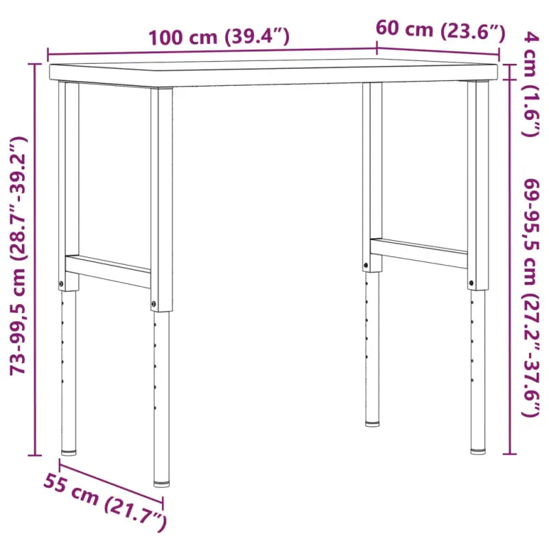 Werkbank in massief acaciahout met gepoedercoate metalen structuur - Bruin en wit / 100 x 60 x (73-99.5) cm / 1