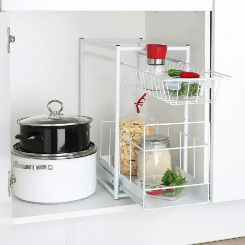 White metal sliding cabinet organizer with multiple storage baskets and shelves.