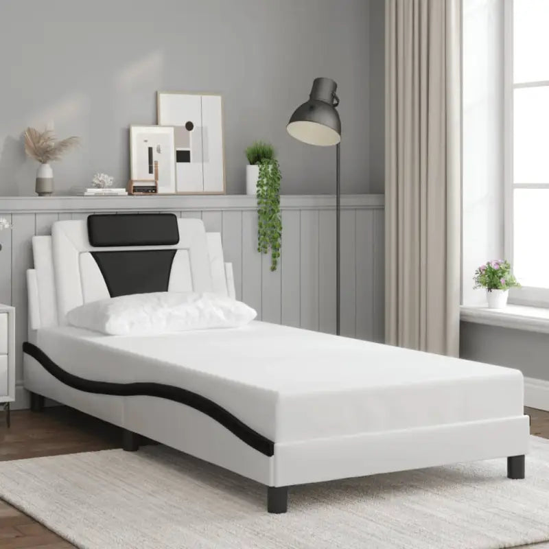 Zwart bedframe met hoofdeinde en multiplex lattenbodem voor comfortabel slapen - Wit en zwart / 100 x 200 cm - Bedden &
