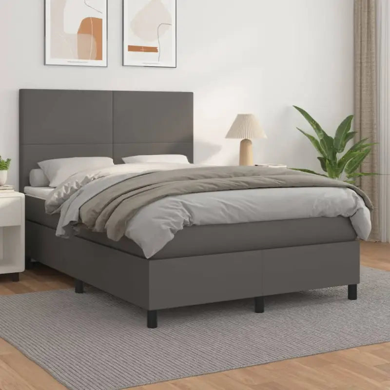 Zwart Kunstleer Boxspringbed met schuim vulling en ideale afmetingen - Grijs / 140 x 200 cm / Effen ontwerp - Bedden &