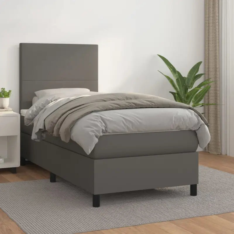 Zwart Kunstleer Boxspringbed met schuim vulling en ideale afmetingen - Grijs / 90 x 190 cm / Effen ontwerp - Bedden &