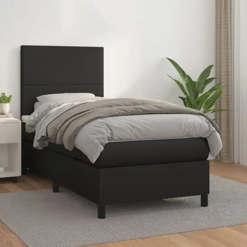 Zwart Kunstleer Boxspringbed met schuim vulling en ideale afmetingen - Zwart / 90 x 200 cm / Effen ontwerp - Bedden &