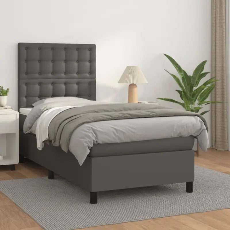 Zwart Kunstleer Boxspringbed met schuim vulling en ideale afmetingen - Grijs / 80 x 200 cm / knoppwn - Bedden &