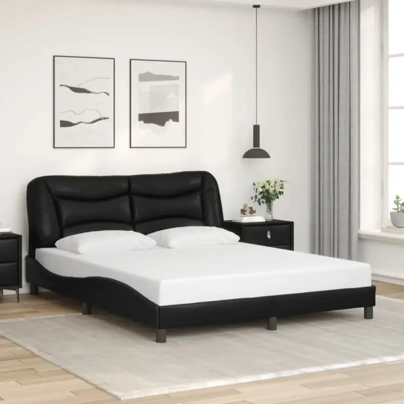 Zwart materiaal bedframe met hoofdeinde en multiplex lattenbodem - Zwart / 160 x 200 cm - Bedden & bedframes