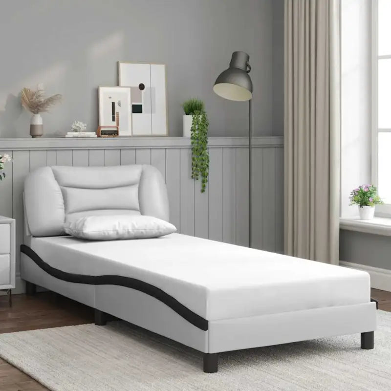 Zwart materiaal bedframe met hoofdeinde en multiplex lattenbodem - Wit en zwart / 90 x 190 cm - Bedden & bedframes