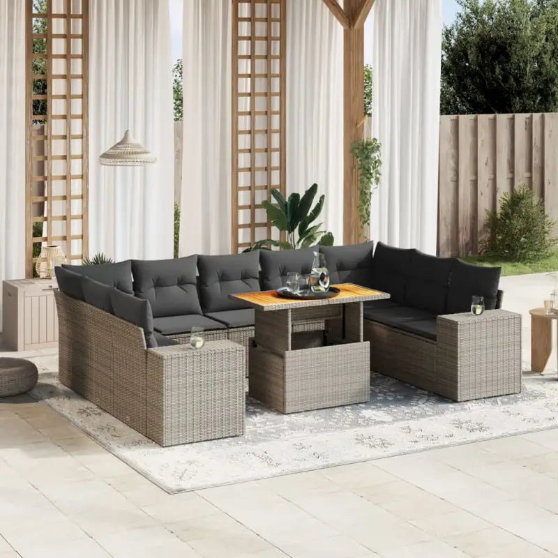 Zwart materiaal loungeset met gepoedercoat staal en afmetingen voor tuin - grijs en donkergrijs / 2x hoek + 5x midden