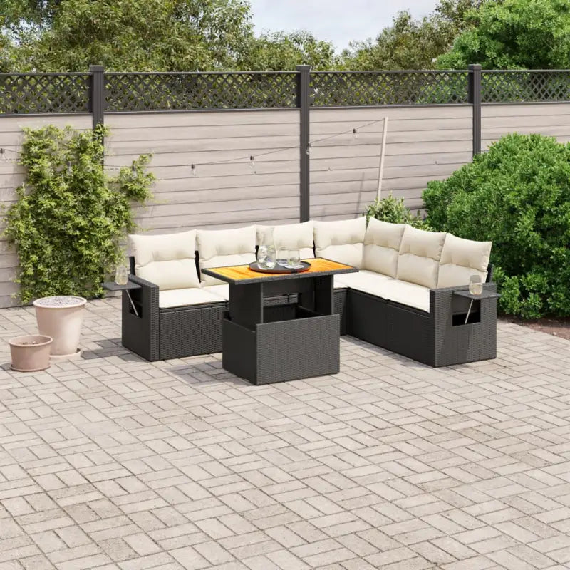 Zwart materiaal loungeset met gepoedercoat staal voor buitenplezier - Zwart en crème / 3x hoek + 3x midden + Tafel