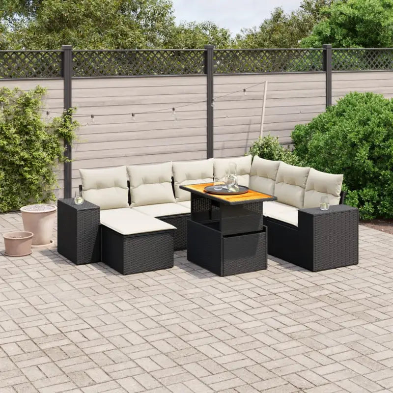 Zwart materiaal loungeset van gepoedercoat staal voor tuin en terras - Zwart en crème / 3x hoek + 3x midden + Tafel
