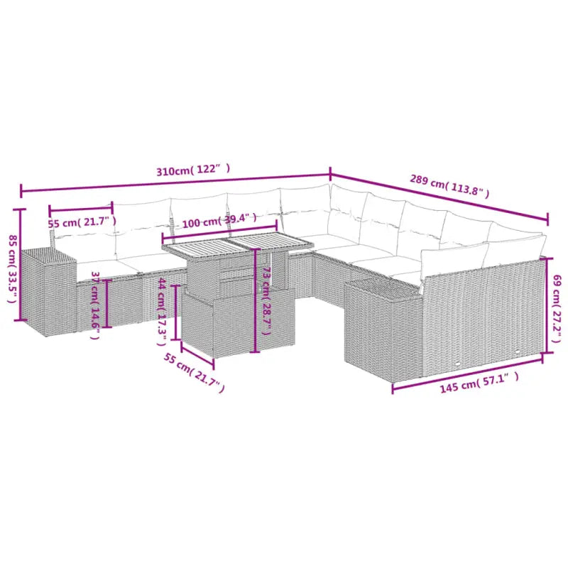 Zwart materiaal Loungeset van gepoedercoat staal voor tuin of terras - Zwart / 2x hoek + 6x midden + Tafel - Tuinsets