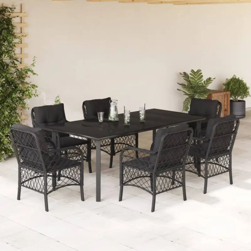 Zwart materiaal tuinset met poly rattan voor gemakkelijk schoon en duurzaam genot - 200 cm tafellengte / Ronde poot