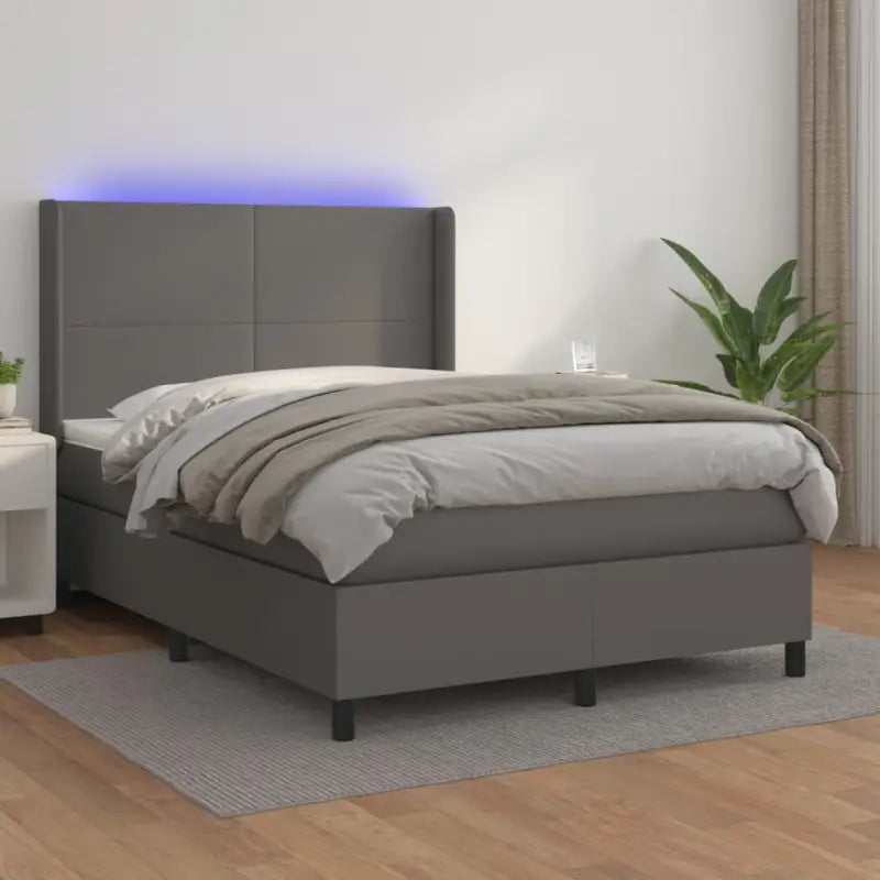 Zwart materialen boxspring met matras en LED voor een rustgevende slaapkamer - Grijs / 140 x 190 cm / Effen ontwerp