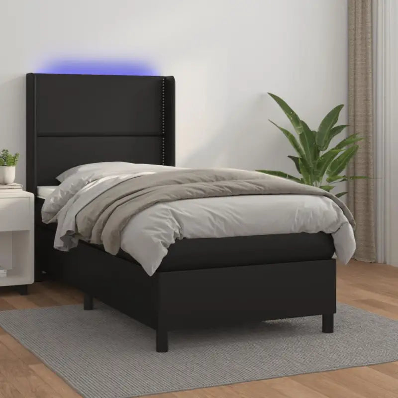 Zwart materialen boxspring met matras en LED voor een rustgevende slaapkamer - Zwart / 80 x 200 cm / Effen met spijkers