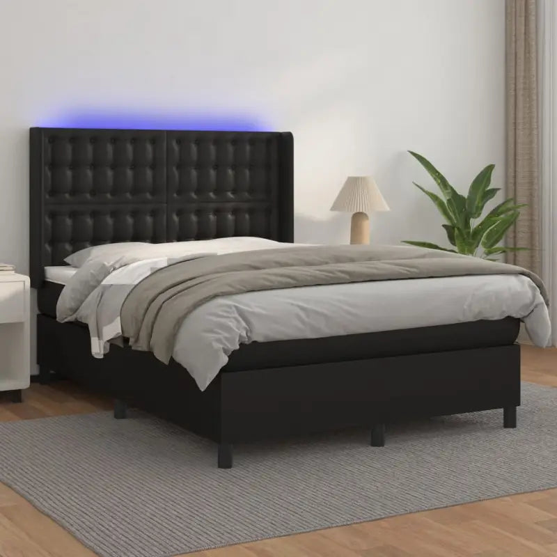 Zwart materialen boxspring met matras en LED voor een rustgevende slaapkamer - Zwart / 140 x 190 cm / knoppwn - Bedden