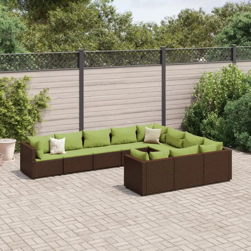 Zwart materialen loungeset met gepoedercoat staal en comfortabele afmetingen - Bruin en groen / 4x hoek + 6x midden