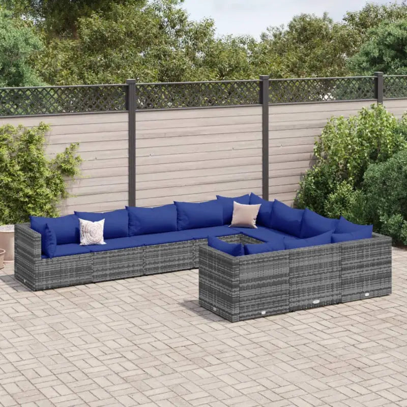 Zwart materialen loungeset met gepoedercoat staal en comfortabele afmetingen - Grijs en blauw / 4x hoek + 6x midden